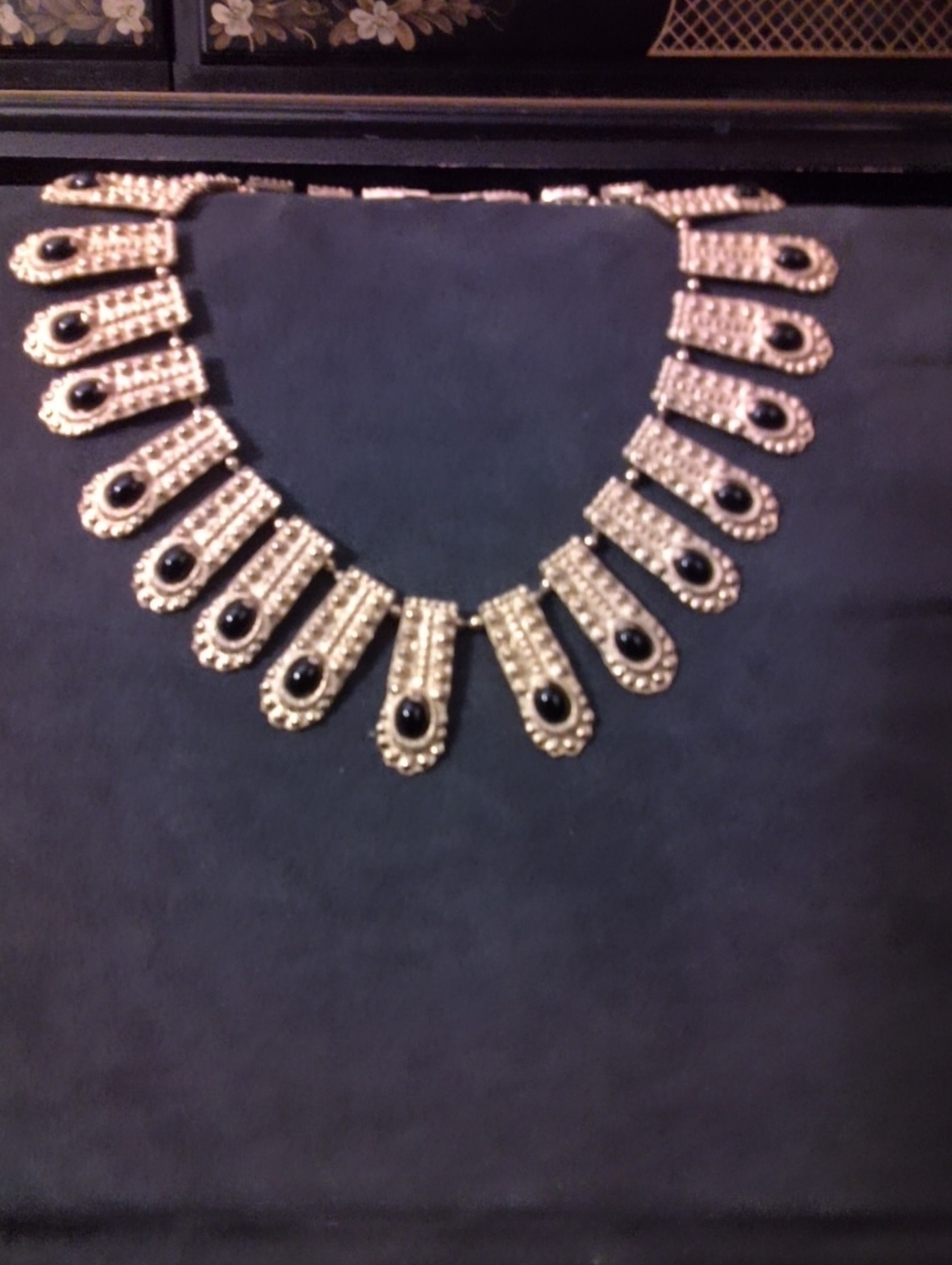 Vintage Gold-tone Statement Necklace with Black Cabochons